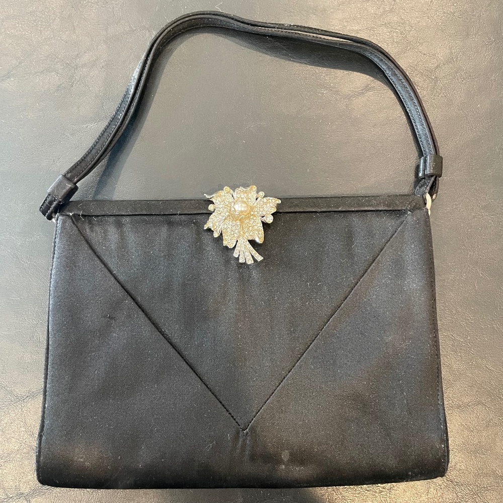 Vintage 1960’s Koret Satin Black Bag Rhinestone Evening Matching Coin Purse